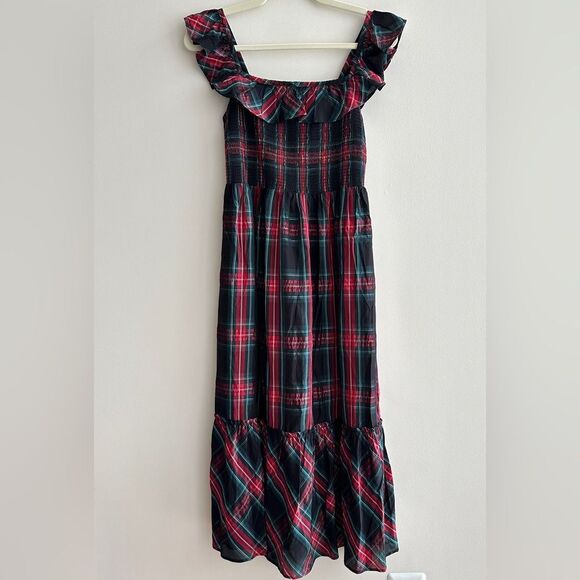 Vineyard Vines Apres Tartan Ruffle Midi, Green/Red Gingham, Size Small, Holiday - Picture 1 of 14